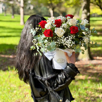 Hugs and Kisses Red and White Roses in a White Hatbox by Oopsy Daisy Flowers