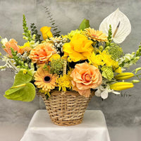Golden Elegance premium flower basket with peach roses, golden blooms and white orchids by Oopsy Daisy Flowers Melbourne
