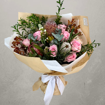 pink roses and australian natives bouquet
