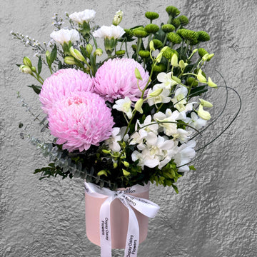 Pink Chrysanthemums and White Orchids in a Pink Vase