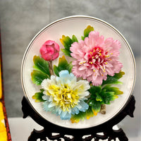 Pink and Blue Peony Decorative Ceramic Plate with Floral Design