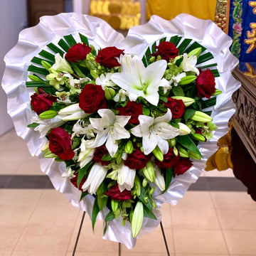 red and white heart asian chinese funeral wreath
