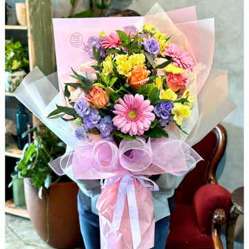 Pink Gerberas Purple Lisianthus Yellow Alstroemeria and Orange Roses Bouquet